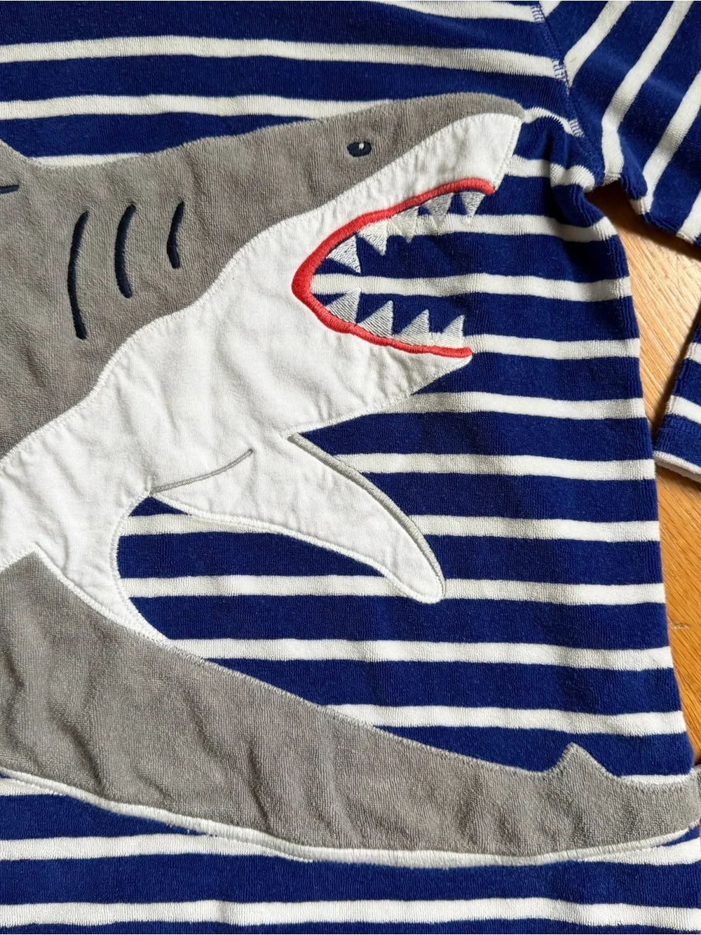 Mini Boden Blue & White Striped Shark Hooded Coverup with Red Lining